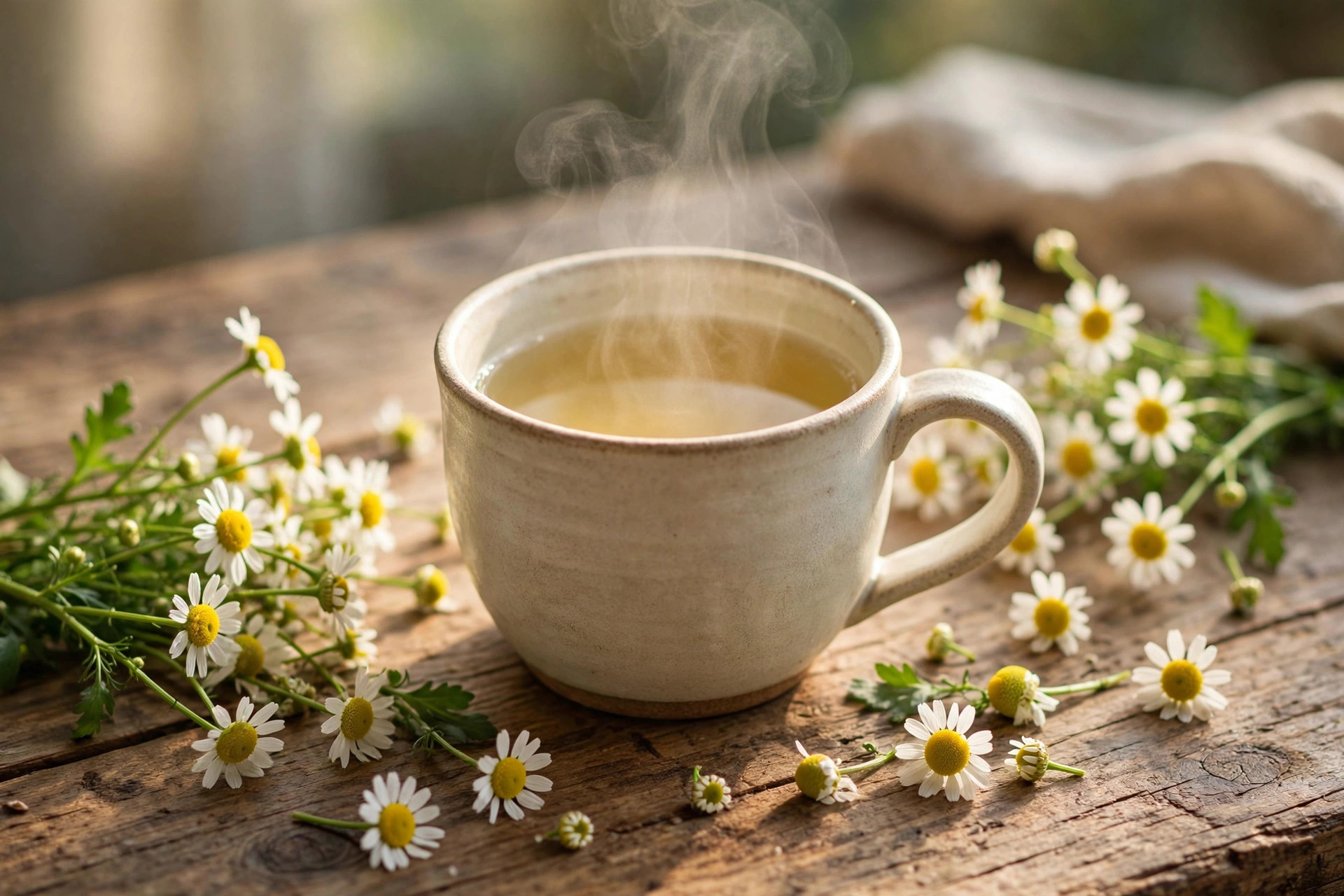 Taza de té de manzanilla con flores frescas